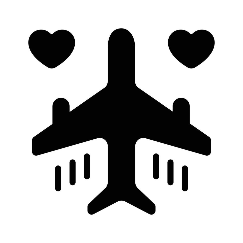 Airplane with heart denoting icon of honeymoon travel, ready to use vector