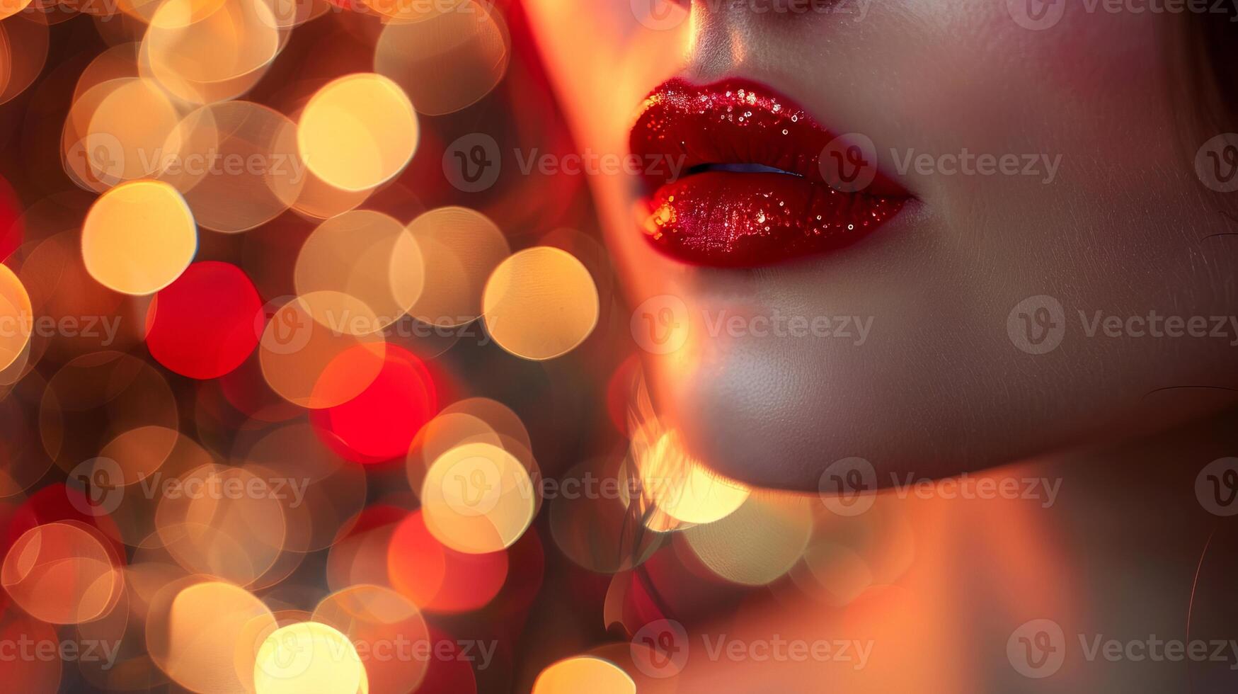 Focus on the lip color with a bokeh effect in the background to emphasize the lights. photo