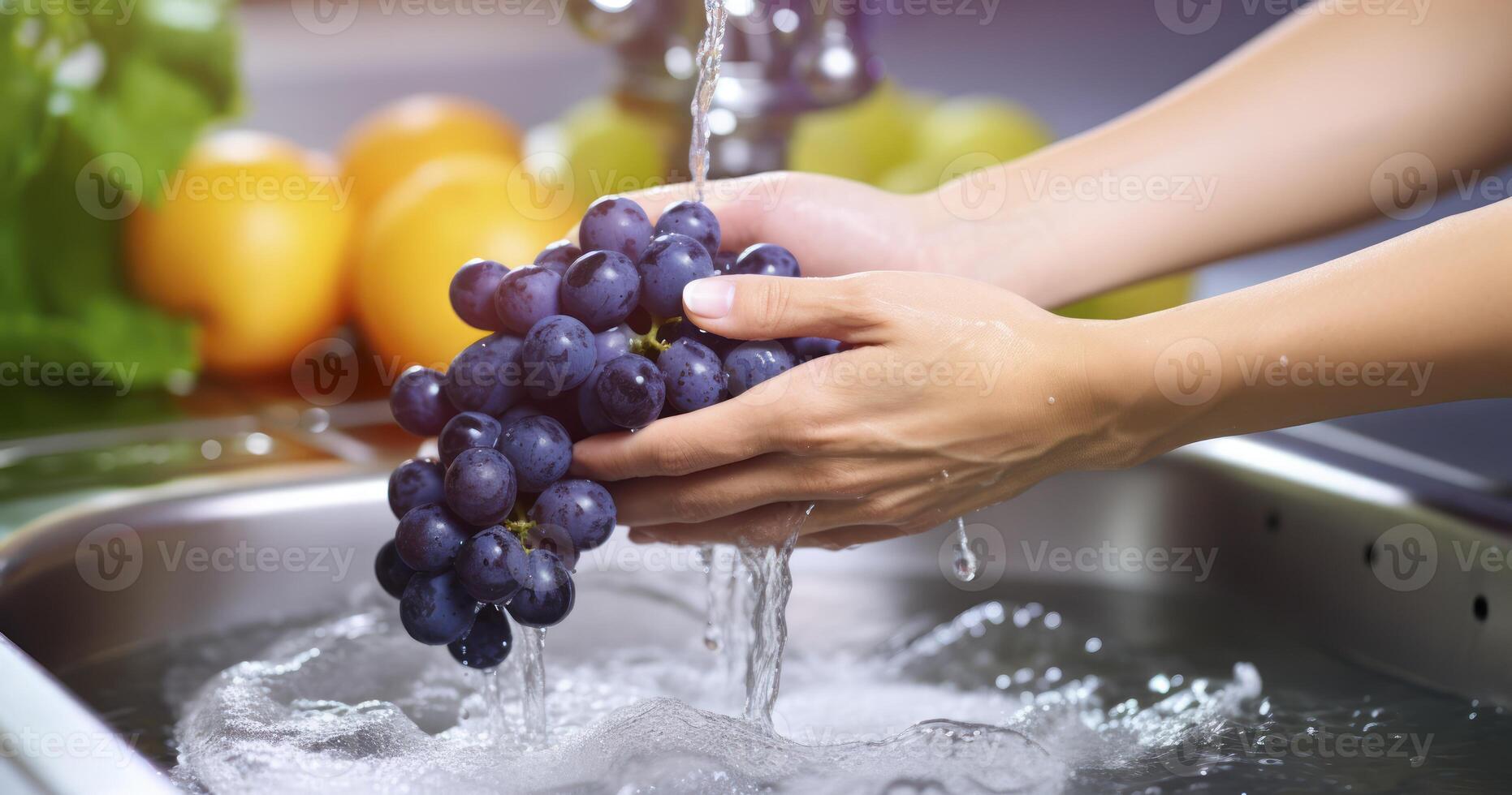 A Woman's Hands Tenderly Washing Fresh Grapes in the Sink photo