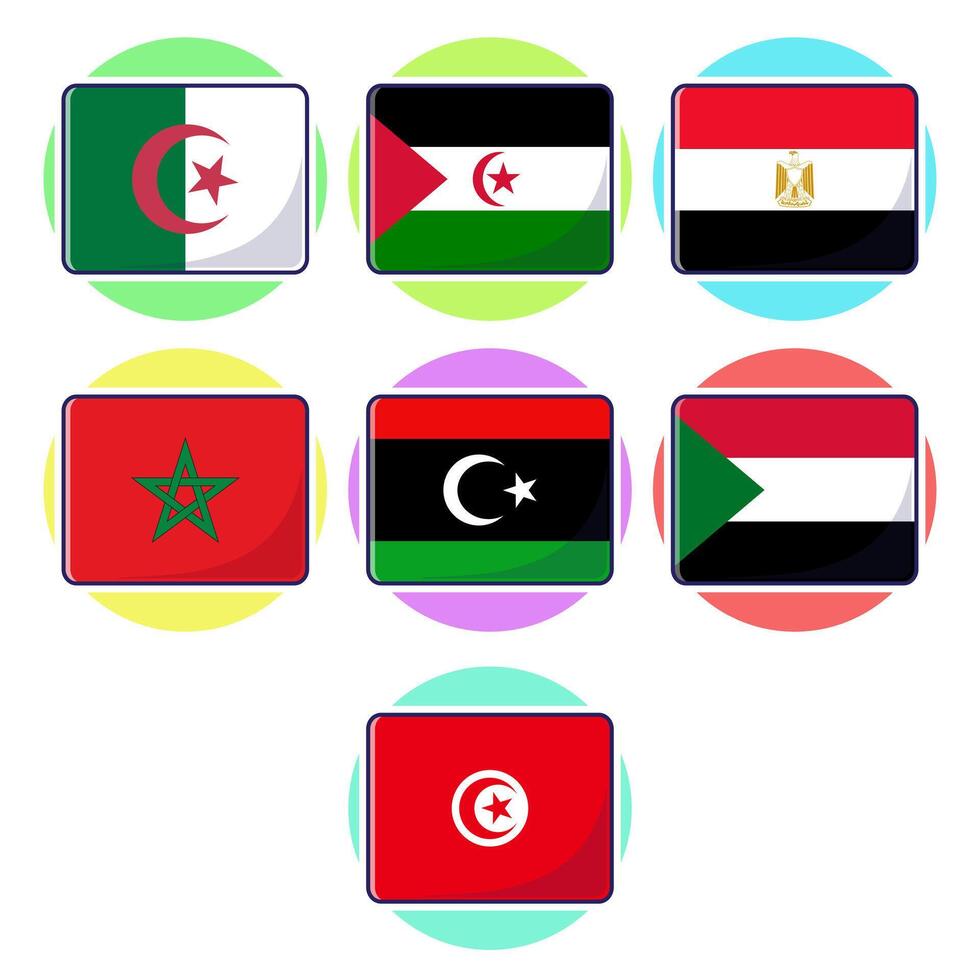 North african countries flags. Flat rectangle element design, travel symbols, landmark symbols, geography and map flags emblem. vector