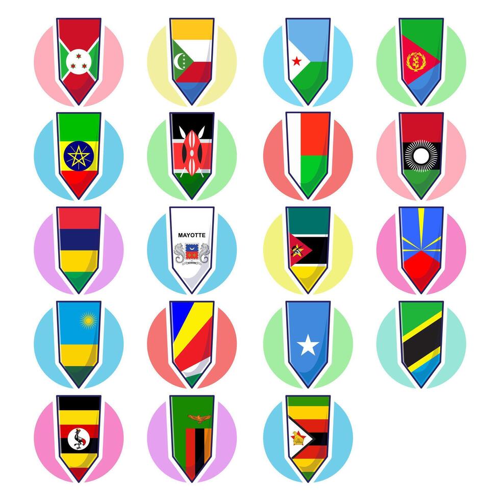 East african countries flags. Flags element design, travel symbols, landmark symbols, geography and map flags emblem. vector