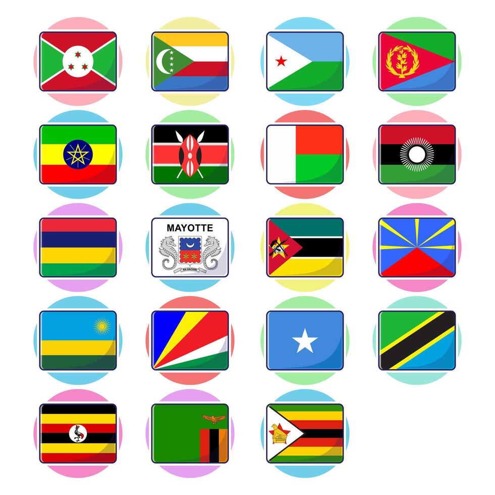 East african countries flags. Flat rectangle element design, travel symbols, landmark symbols, geography and map flags emblem. vector