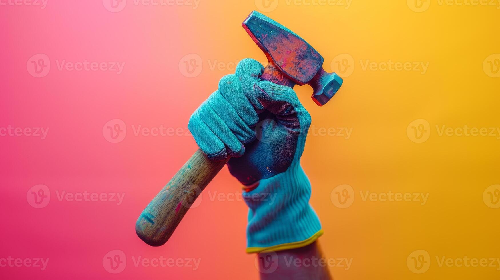 Vibrant gloved hand gripping a hammer with a blurred pastel background. photo