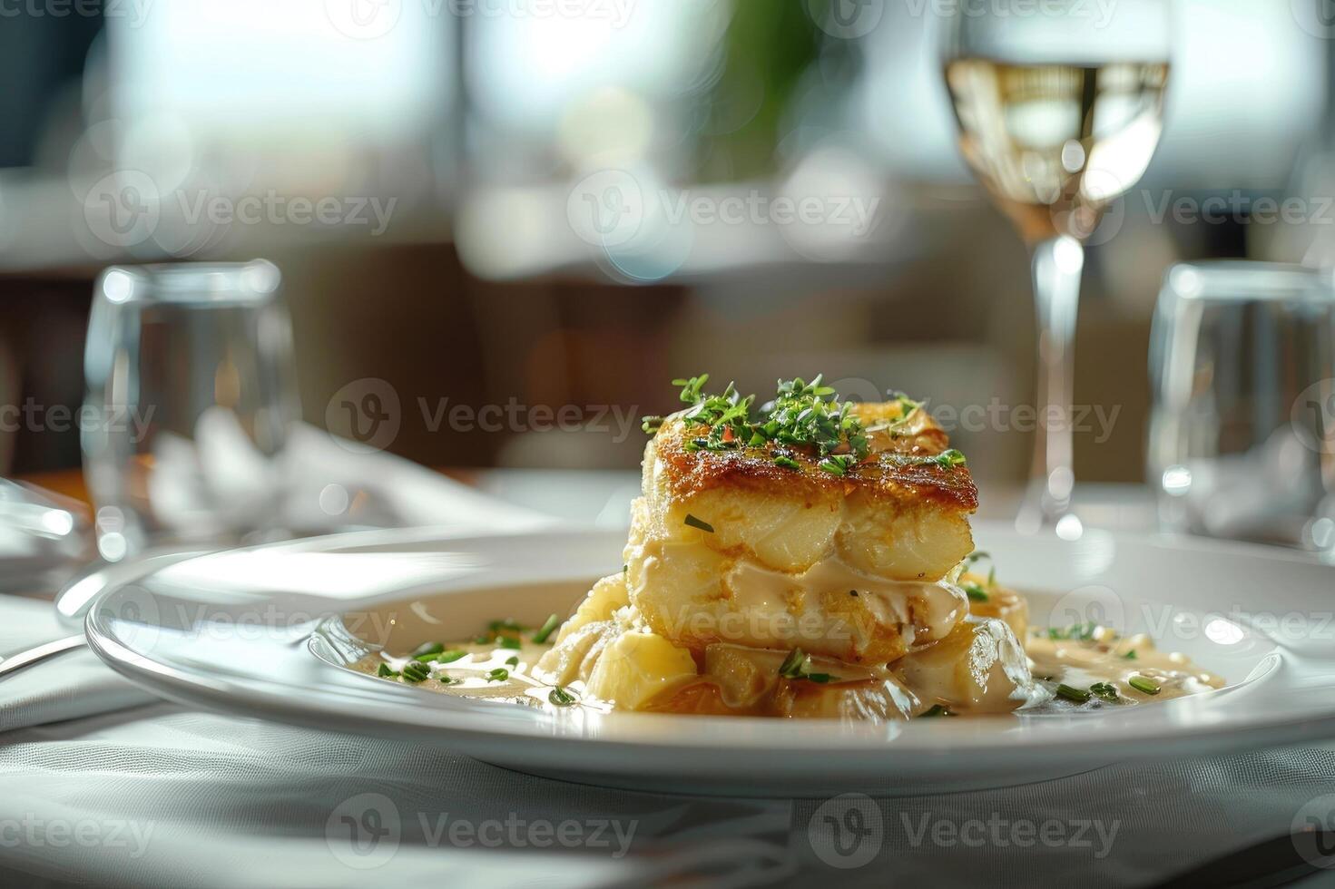 Gourmet pan-seared scallops on a bed of smooth potato puree, garnished with herbs and spices photo