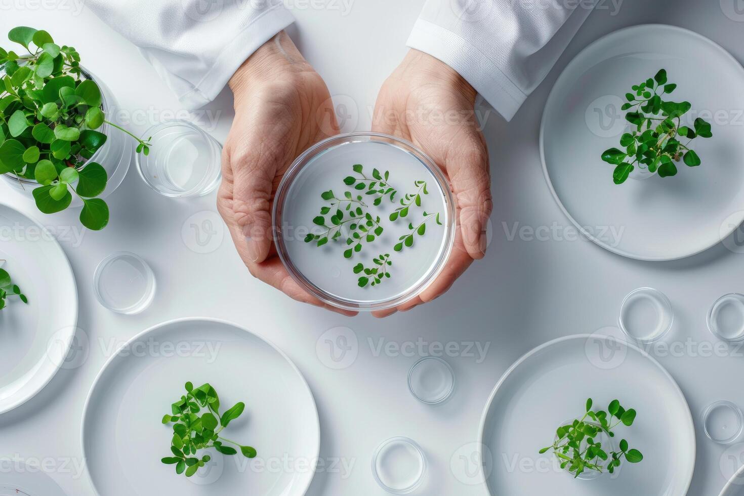 A scientist's hands holding a petri dish with small plants inside photo