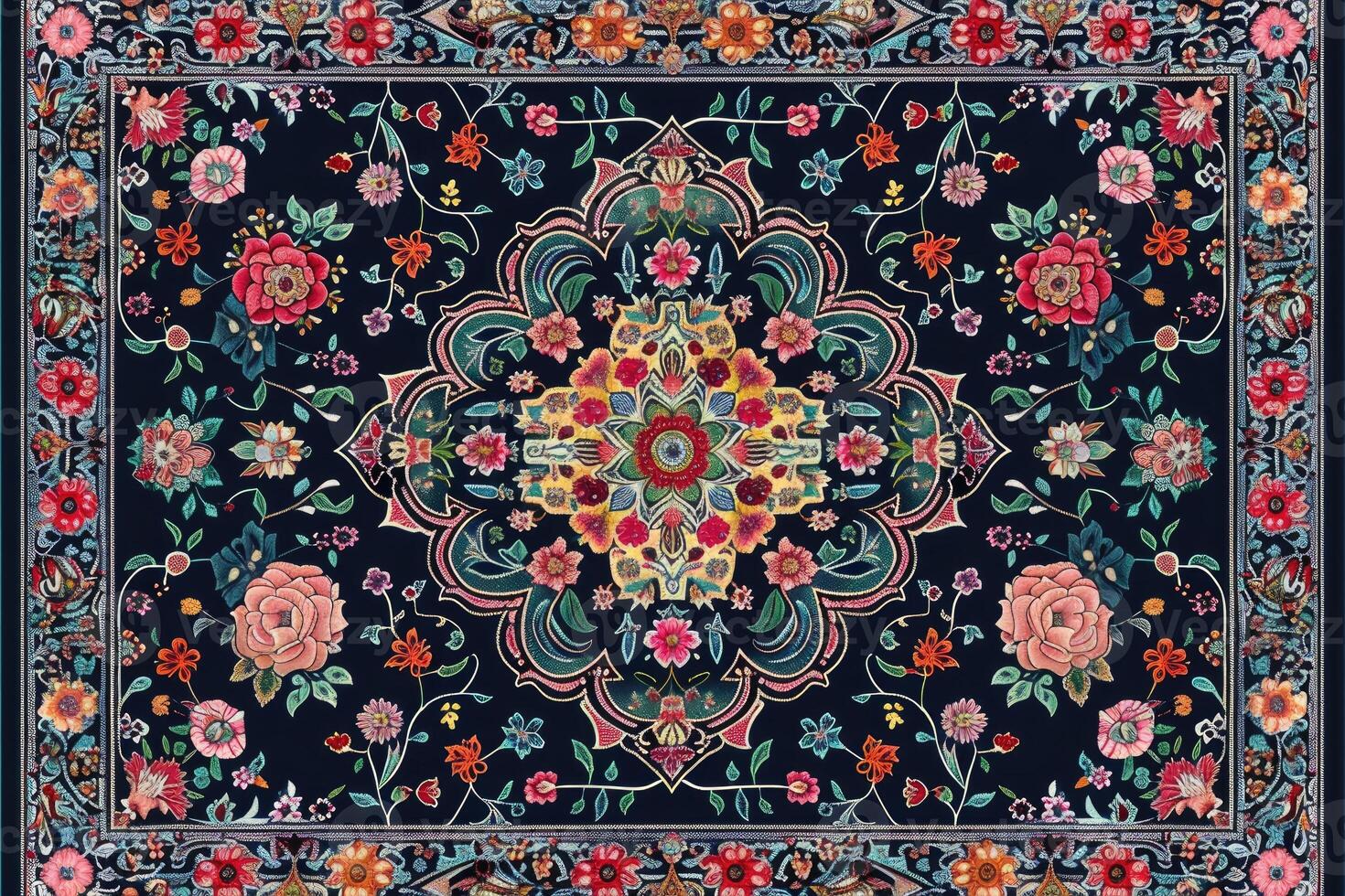 The carpet design with a wool texture features an pattern in the Persian style. photo
