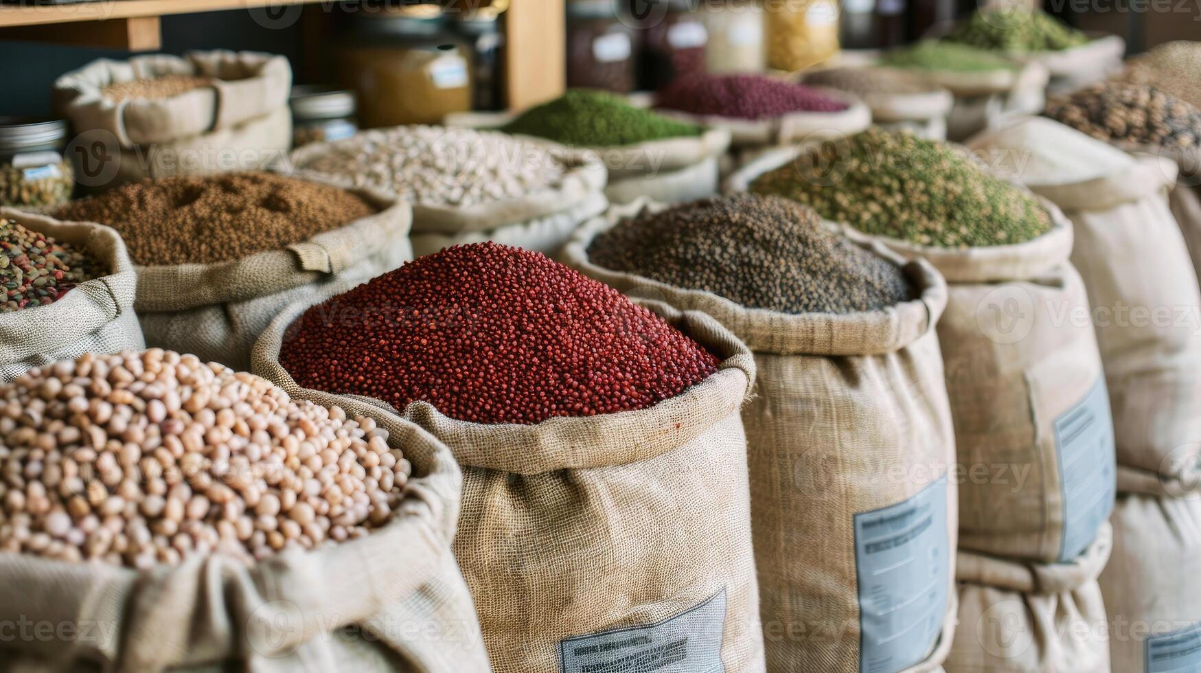 Sacks filled with colorful legumes beautifully displayed at a market, offering variety and healthful options photo