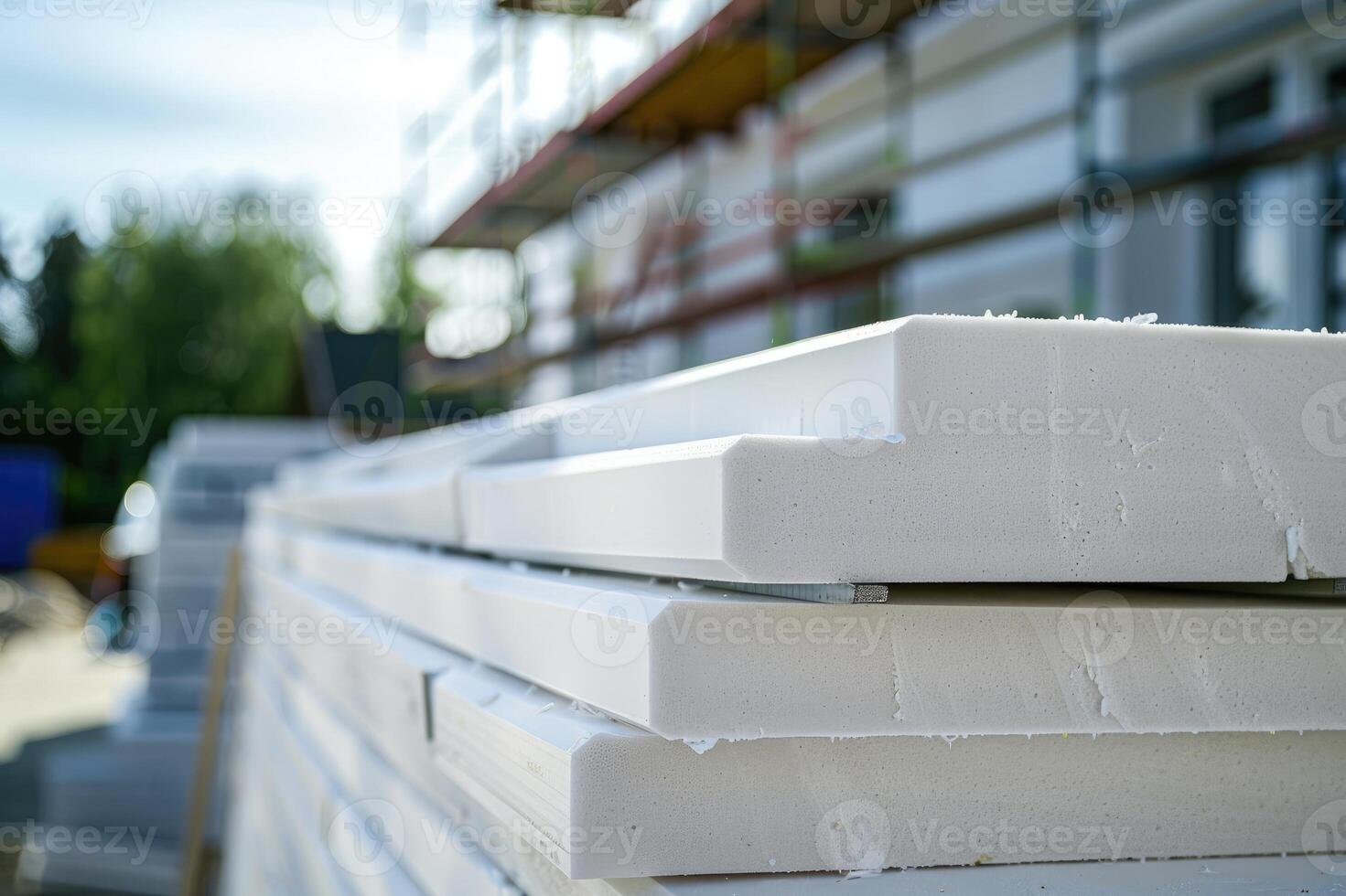 Sheets of expanded polystyrene for house thermal insulation during constructions. photo