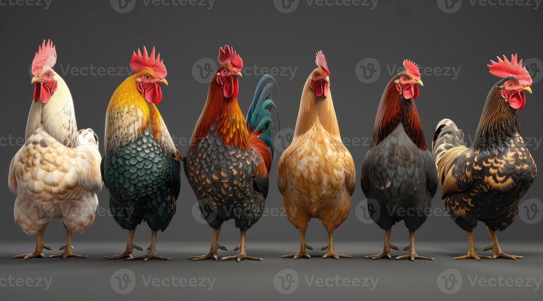 A group of chickens of different breeds are standing side-by-side against a grey background photo