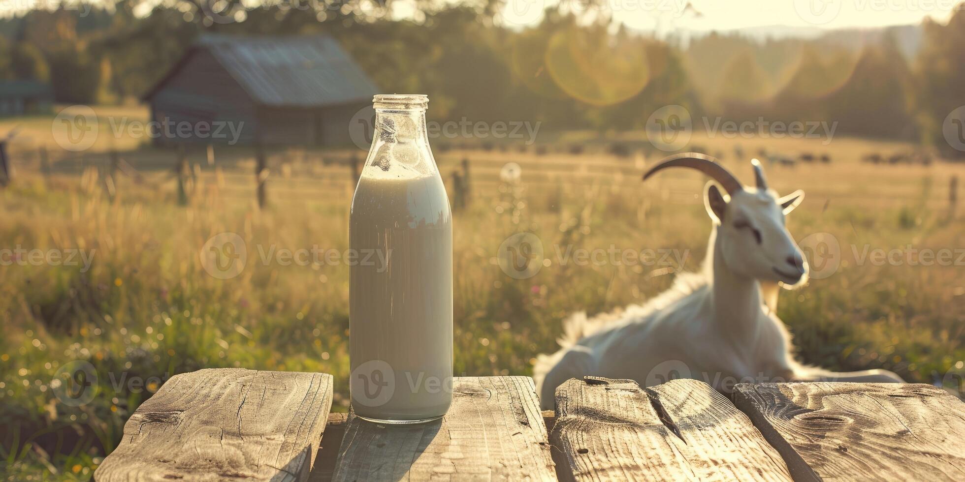 A serene rural scene with a goat next to a fresh glass of milk on a wooden table overlooking a landscape photo