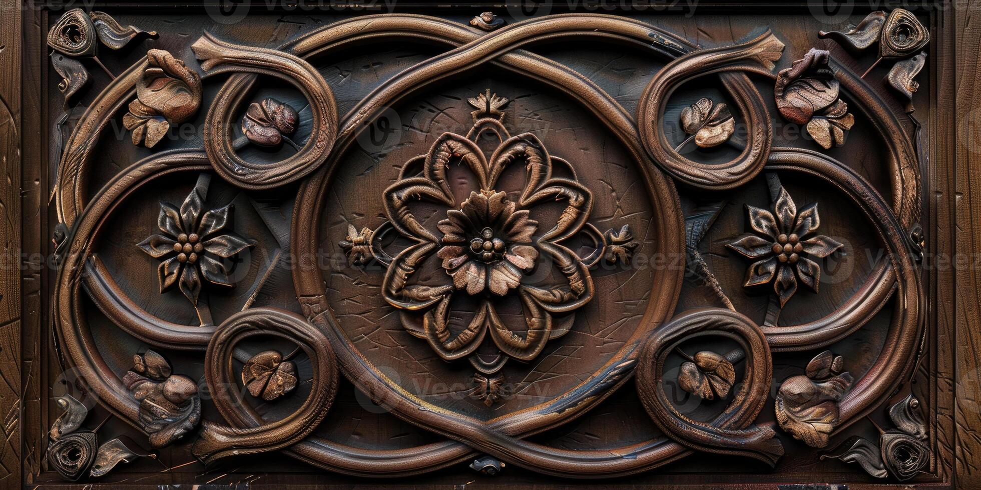Close-up of floral pattern wood carving, showcasing the craftsmanship and artistic detail in the wooden texture photo