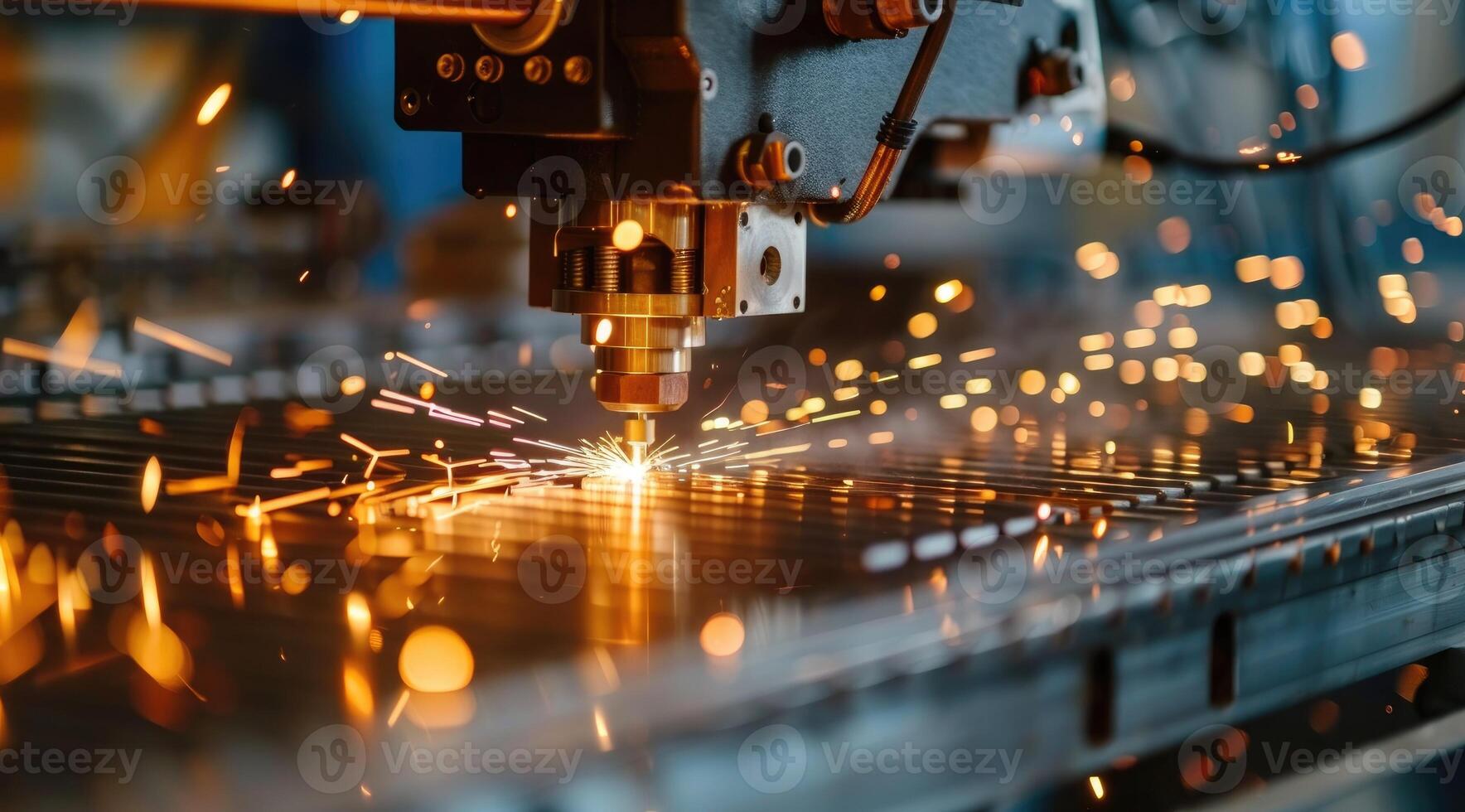 The CNC fiber laser cutting machine cutting the metal plate with the sparking light. The sheet metal working operation. photo