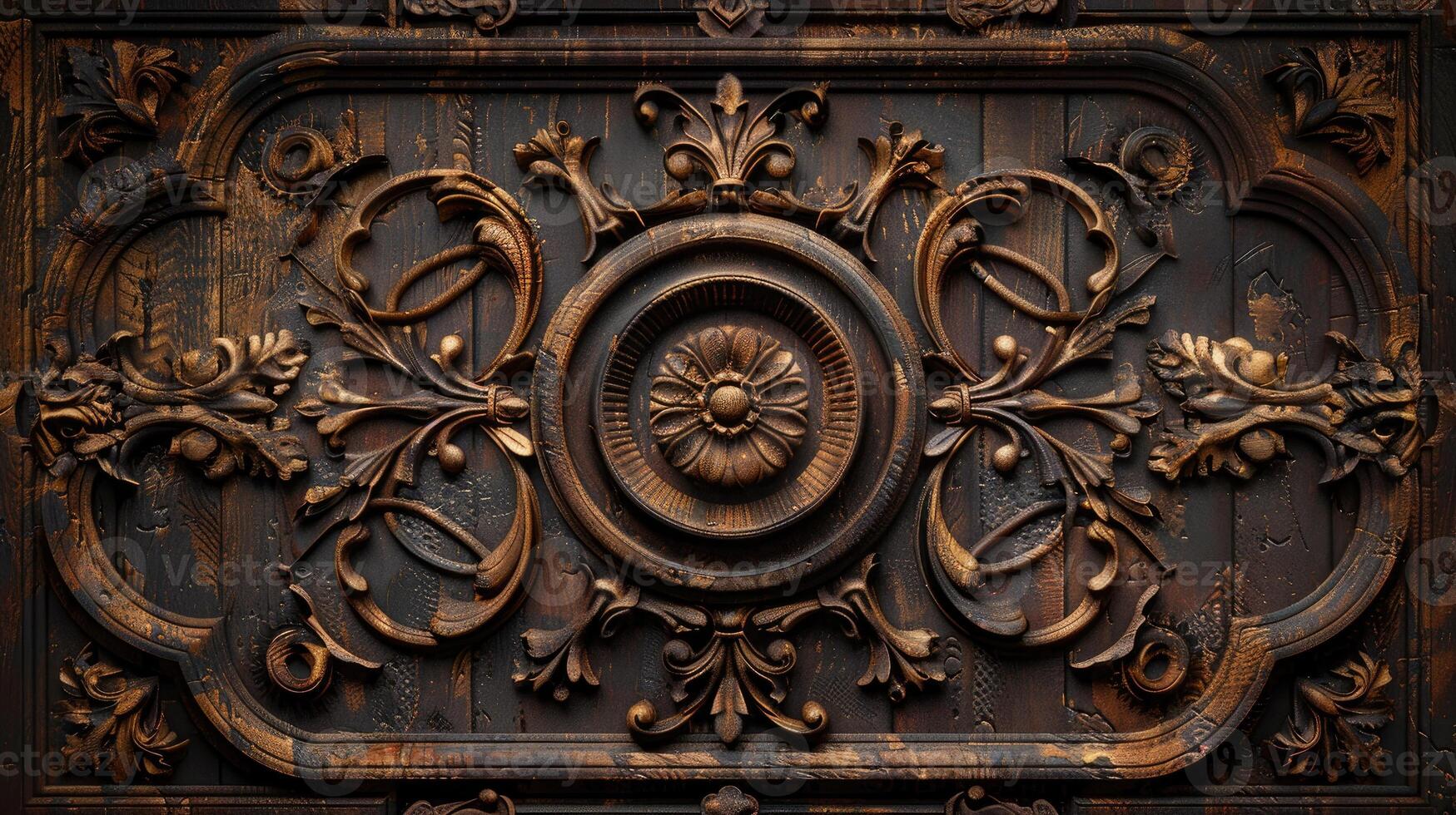 Close-up of floral pattern wood carving, showcasing the craftsmanship and artistic detail in the wooden texture photo