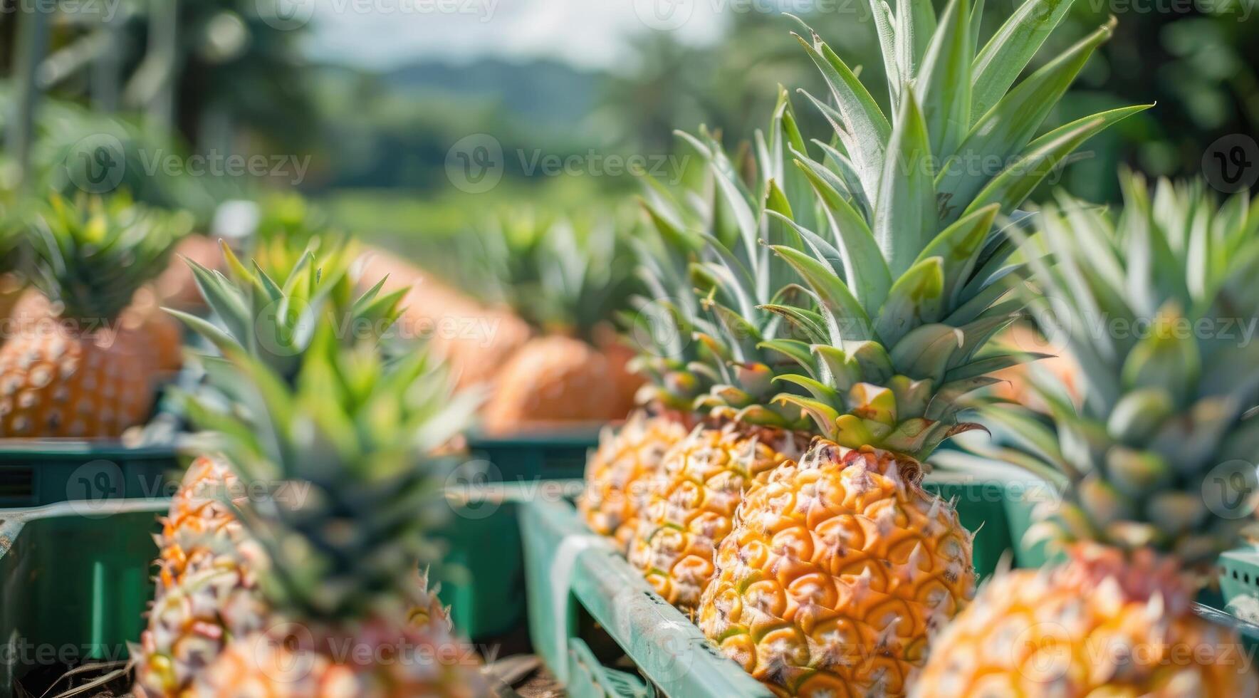 Fresh pineapples in crates at a farm photo