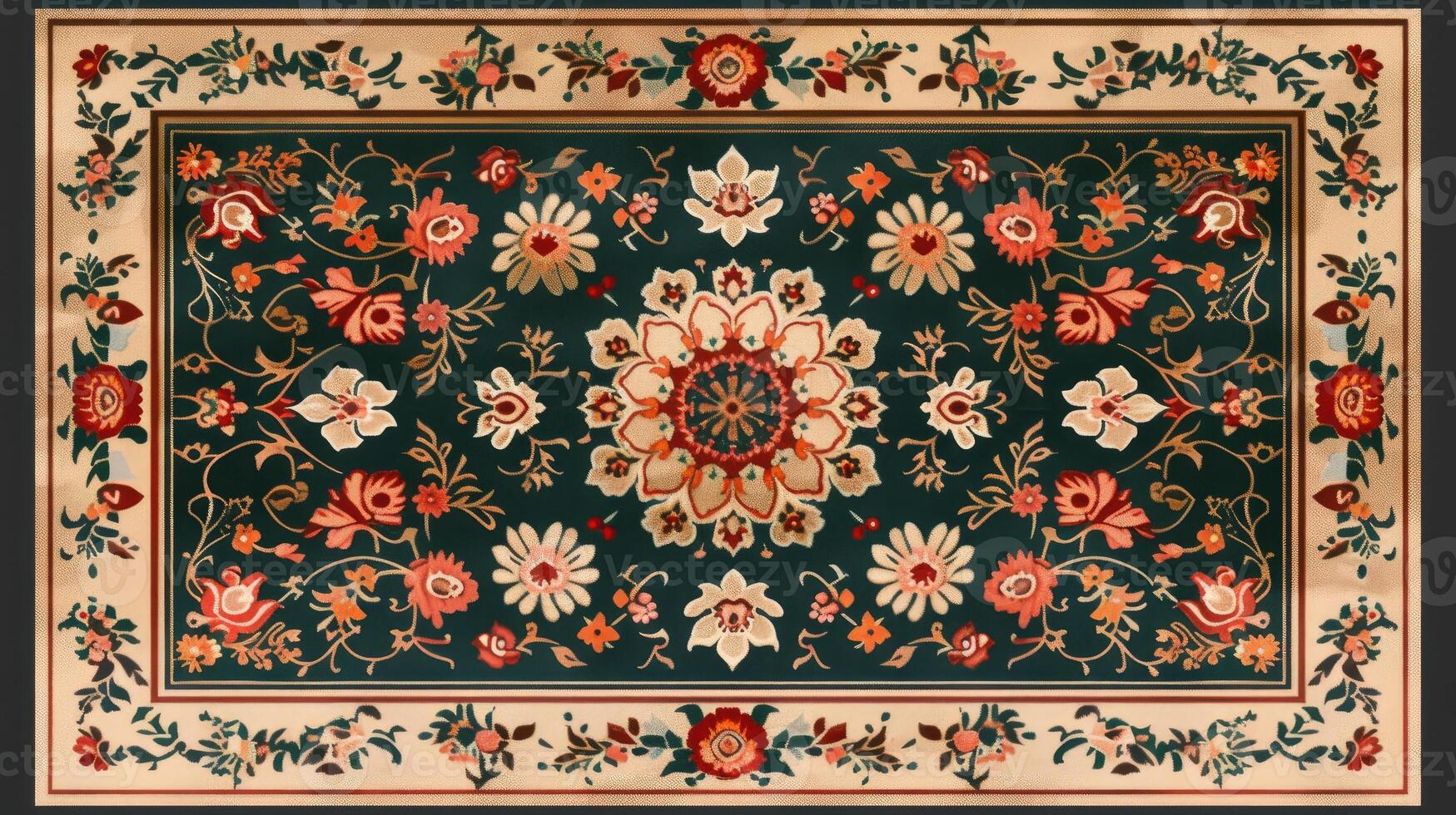 The carpet design with a wool texture features an pattern in the Persian style. photo