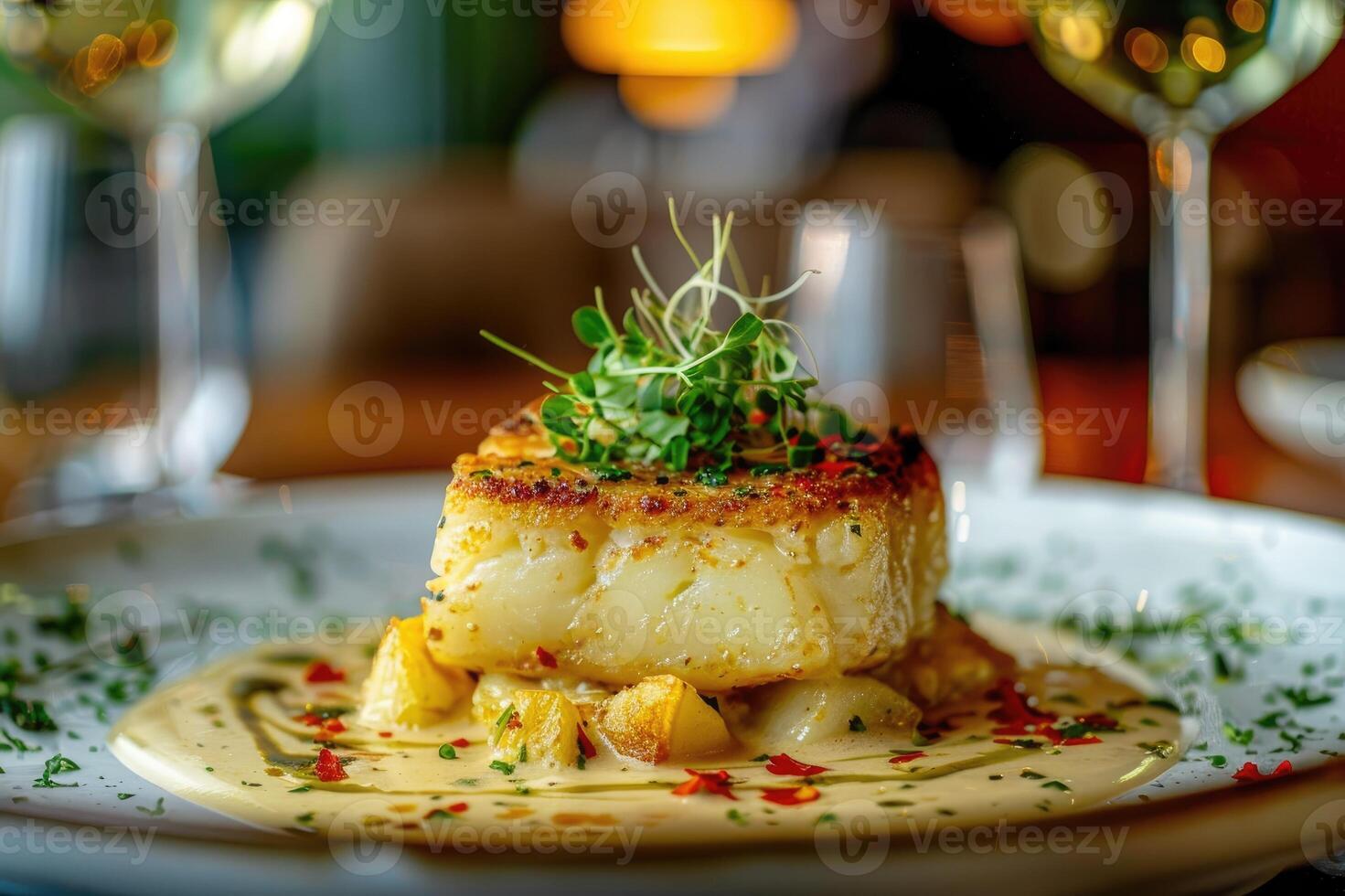 Gourmet pan-seared scallops on a bed of smooth potato puree, garnished with herbs and spices photo