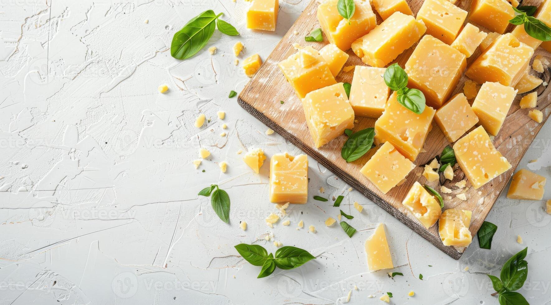 Board with pieces of tasty cheddar cheese and basil on white background. photo