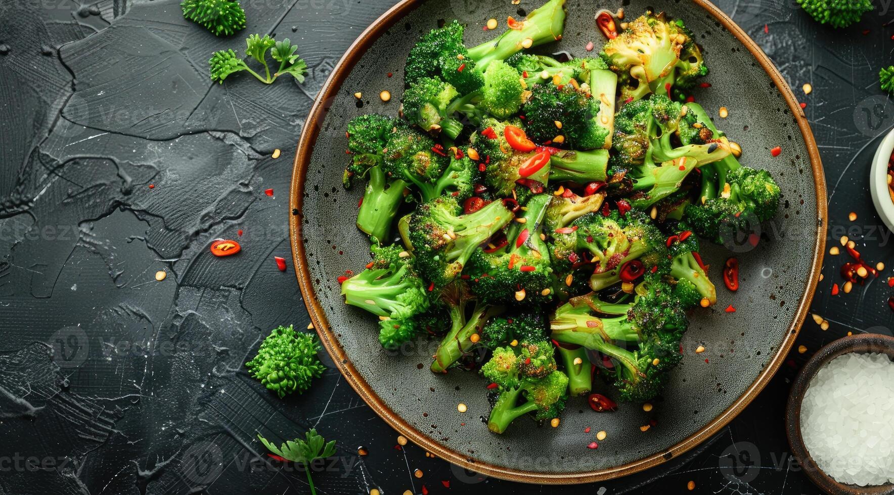 Boiled broccoli with spices in a plate. Black background. Top view. photo