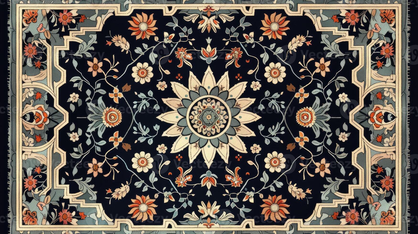 The carpet design with a wool texture features an pattern in the Persian style. photo