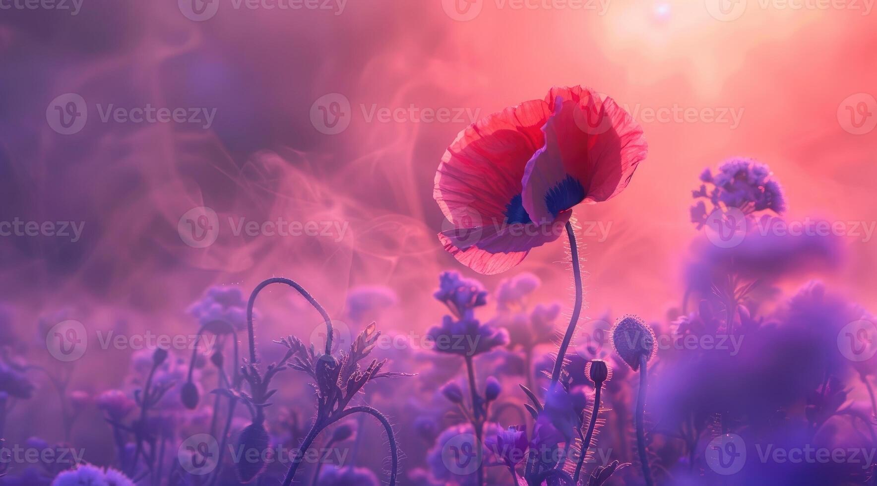 Red poppy stands out in a dreamy field, surrounded by soft focus and a mystical ambiance photo