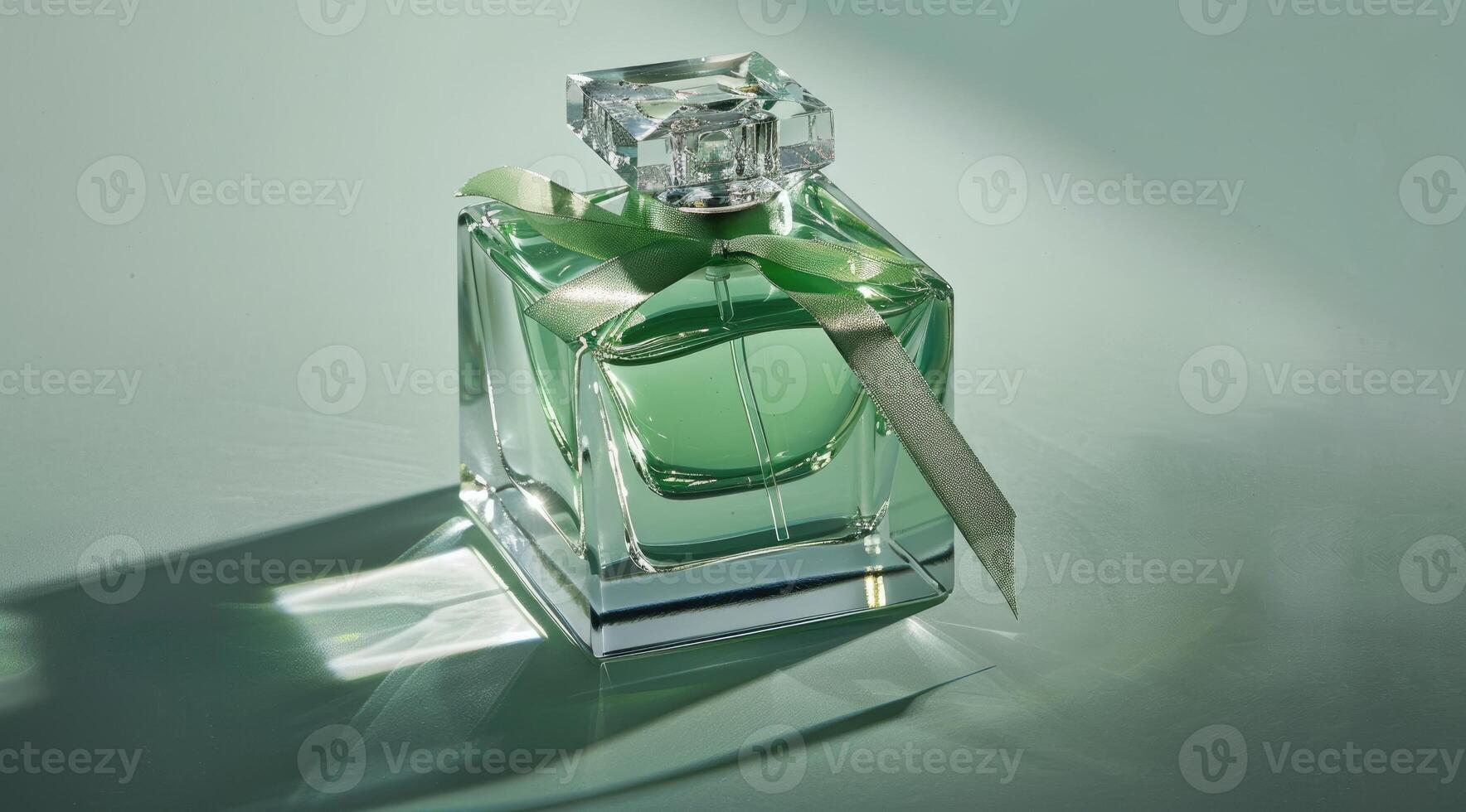 Bottle of woman's perfume. A light green ribbon label is on the bottle. photo