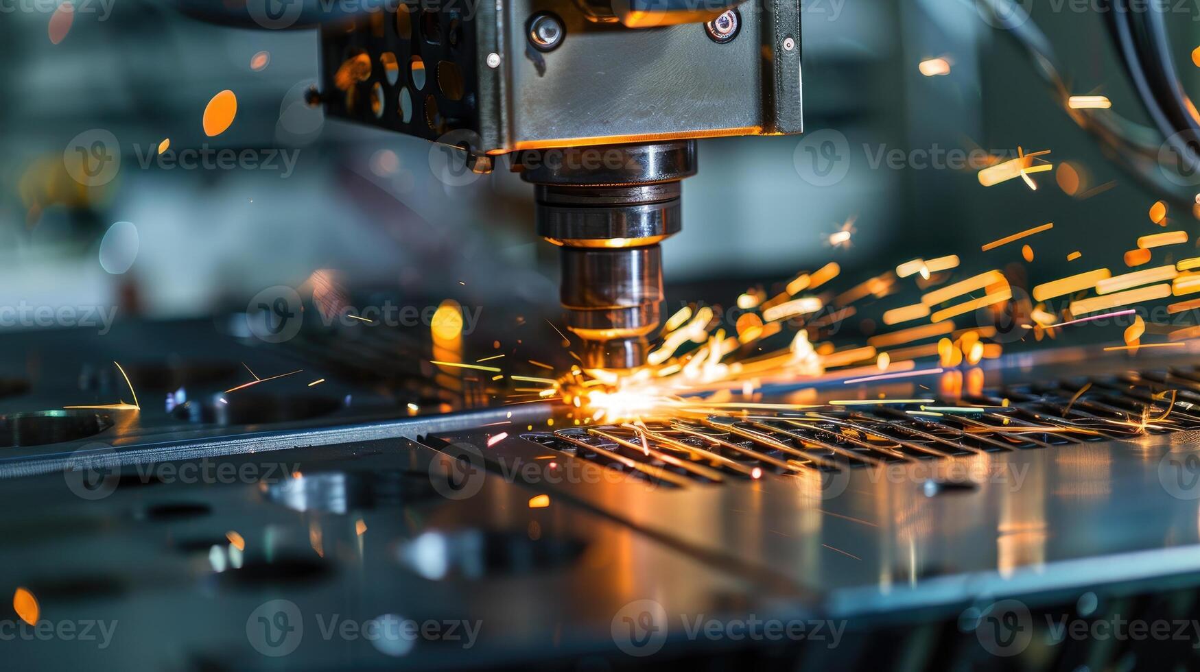 The CNC fiber laser cutting machine cutting the metal plate with the sparking light. The sheet metal working operation. photo