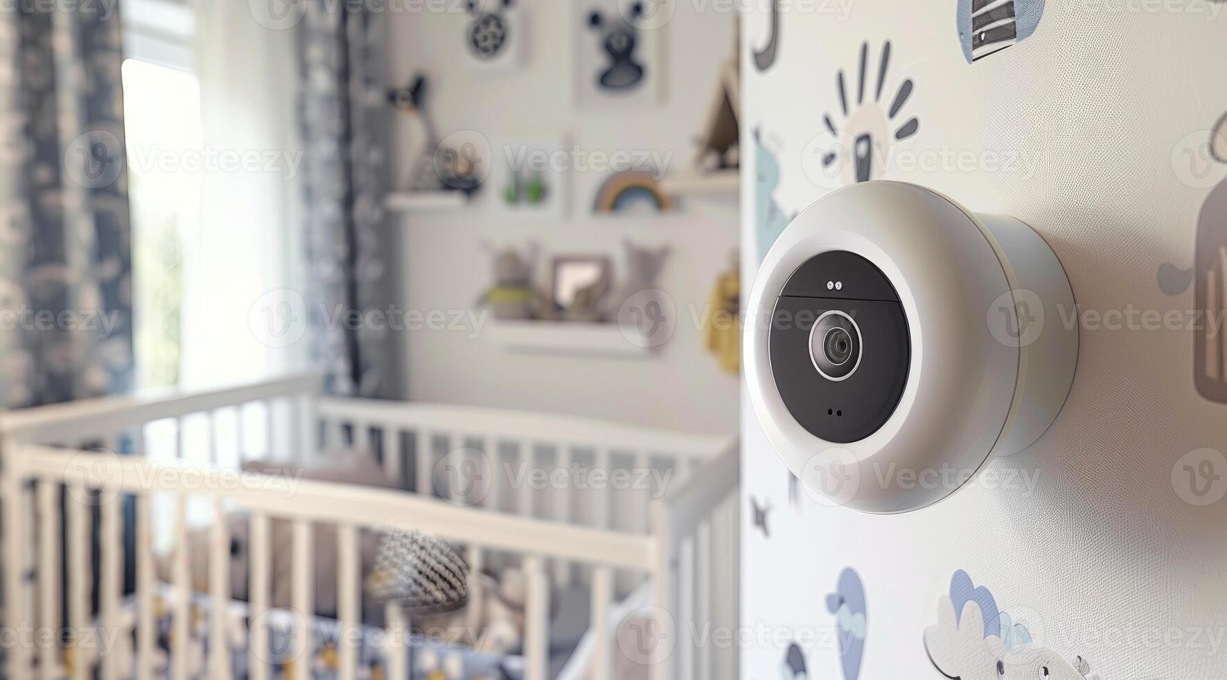 A smart baby monitor with a built-in camera it is in the nursery photo