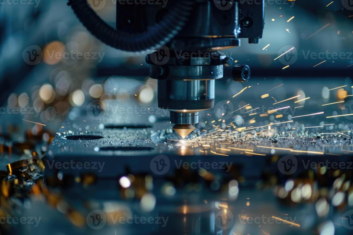 The CNC fiber laser cutting machine cutting the metal plate with the sparking light. The sheet metal working operation. photo