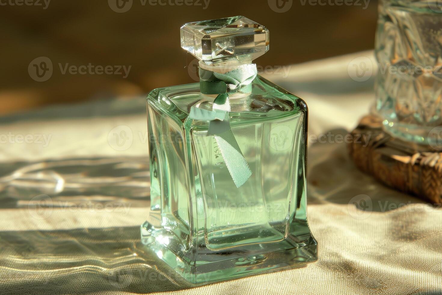Bottle of woman's perfume. A light green ribbon label is on the bottle. photo