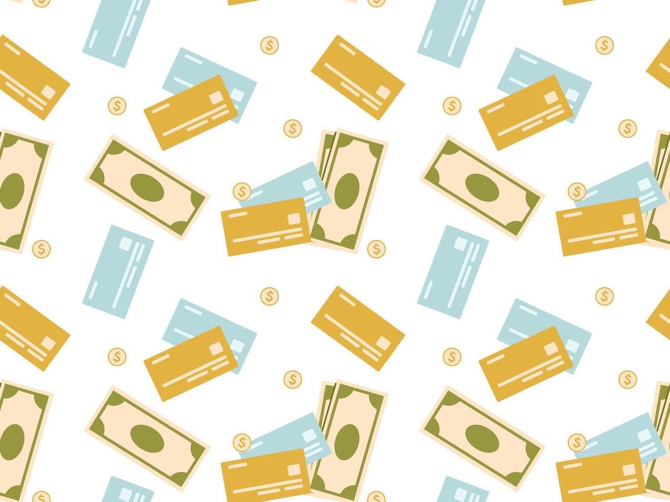 Financial pattern of banknotes, coins and credit cards. Seamless background with money vector