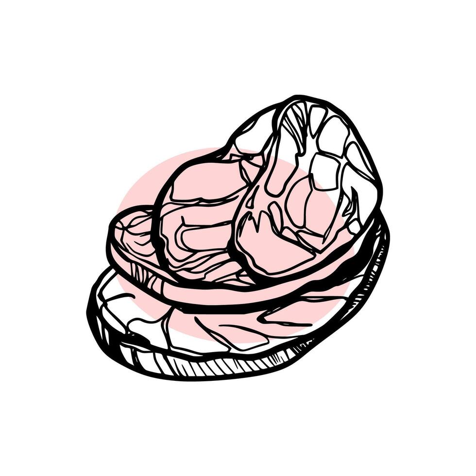 Sketch of meat products. Hand-drawn beef, lamb and pork steak extra or medium rare. Grilled sausages vector