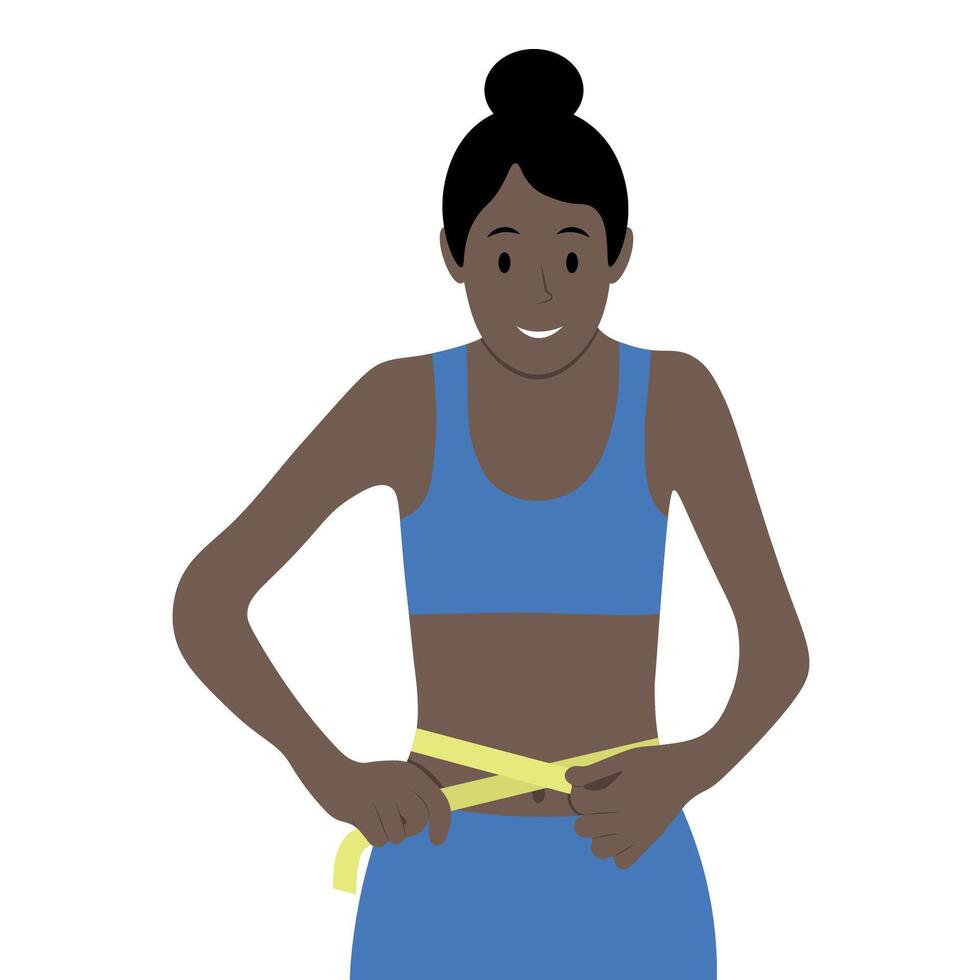 An African American woman measures her waist with a centimeter, young healthy body, thin waist, measurement parameters, isolate on white, flat style, minimalism, weight loss vector