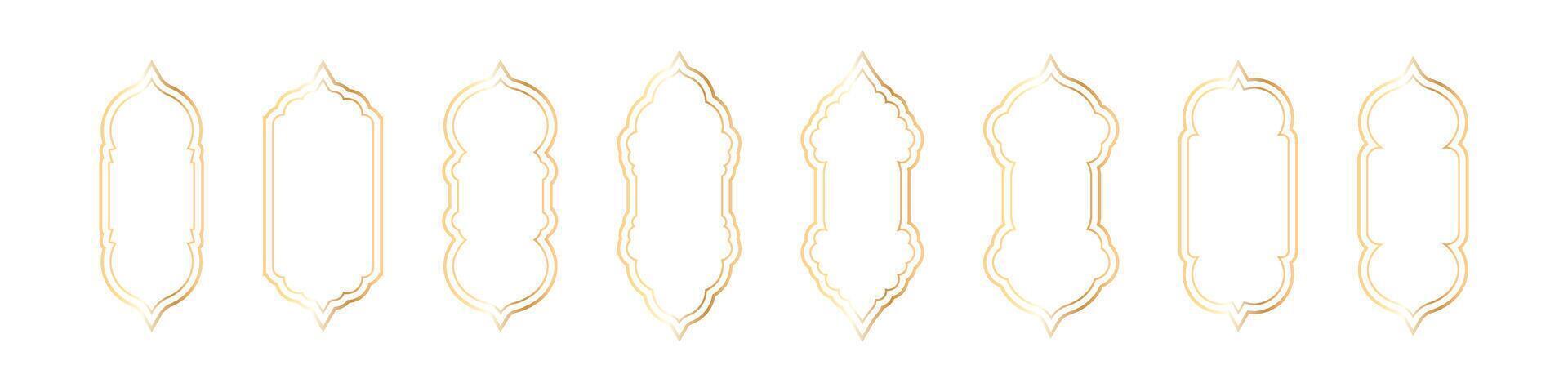 Islamic arch shape with pattern. Golden frame design for Indian Ramadan door and window. Flat illustration isolated on white background. vector