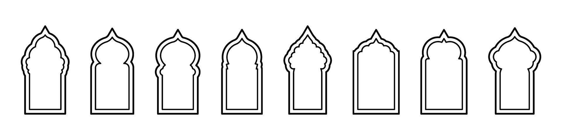 Islamic arch shape with intricate Ramadan pattern. Arab inspired frame design for mosque doors and windows. Flat illustration isolated on white background. vector