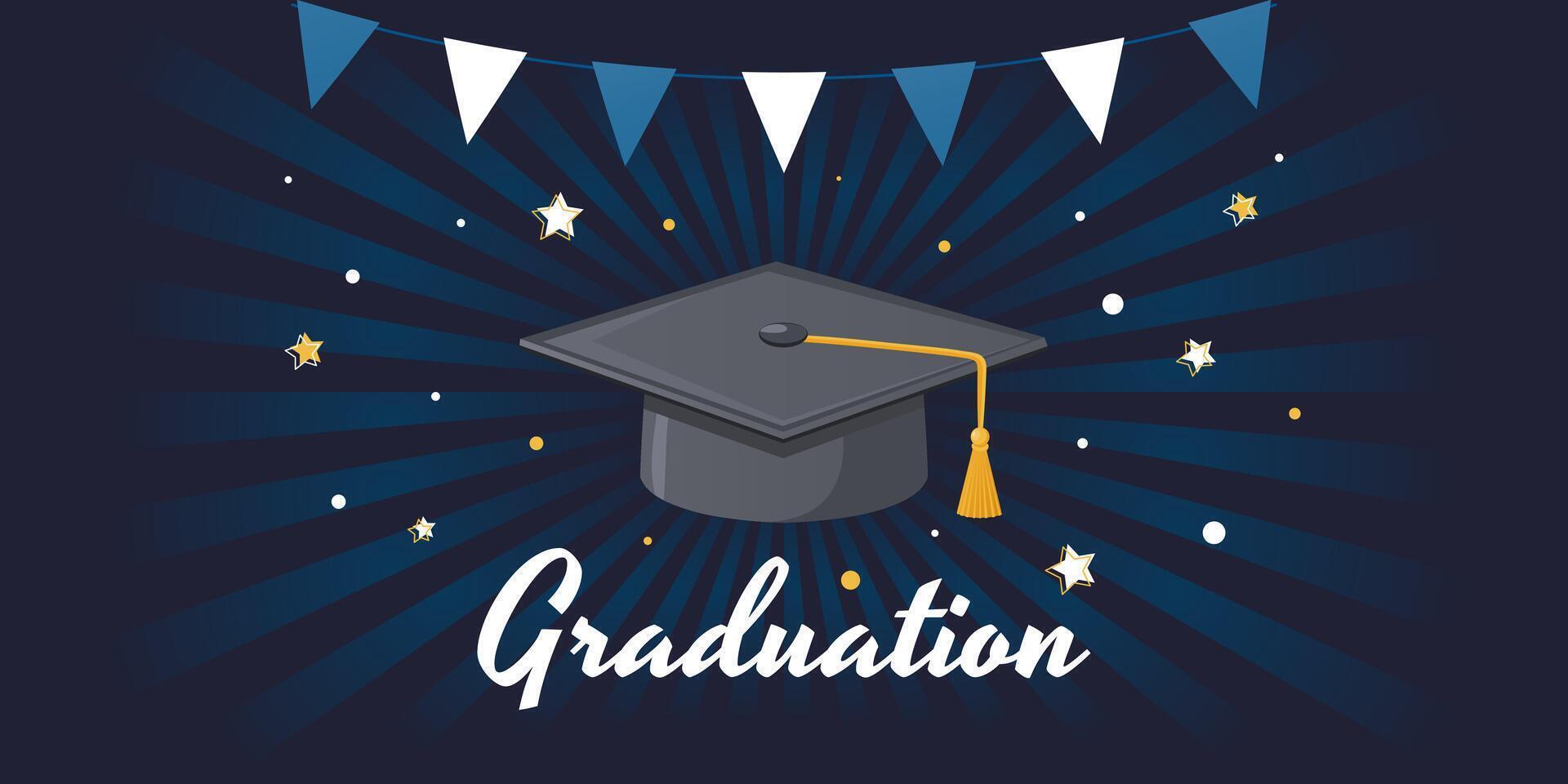 Banner with flags and student cap. For a ceremony congratulating graduates of high school, university or college. vector