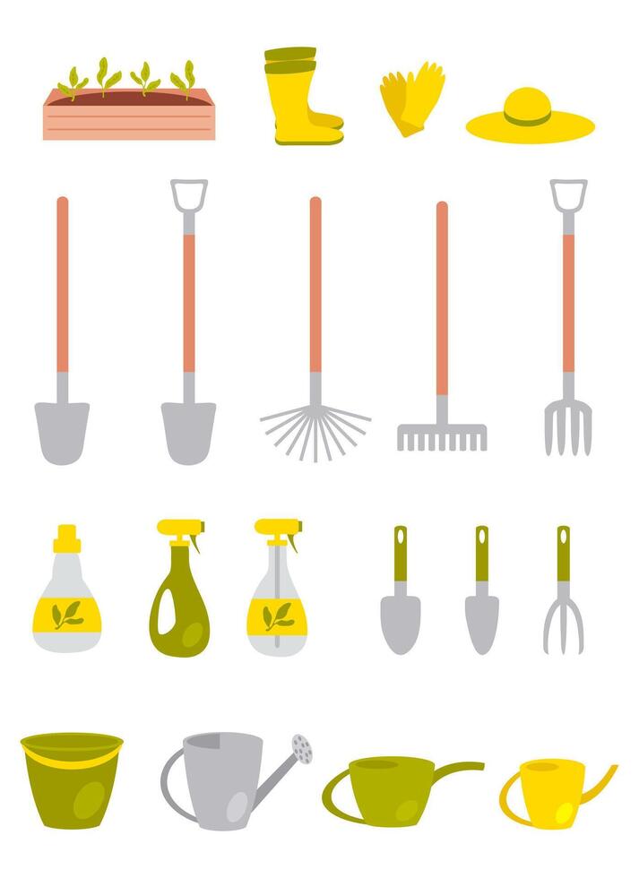 Summer gardening tools flat set. Hand drawn garden inventory clipart collection. illustration isolated on white background. vector