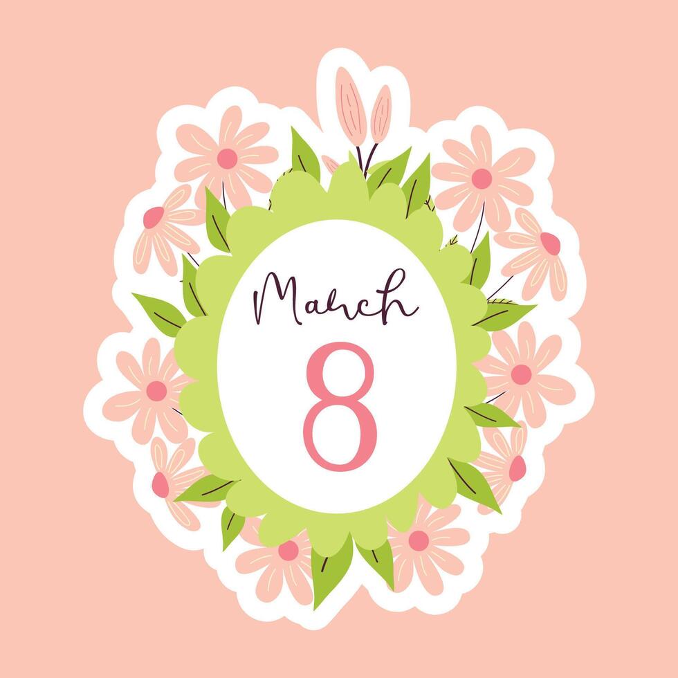 Women's Day Greeting Sticker With Flower Bouquet. 8 March Women's Day Celebration Cards. vector