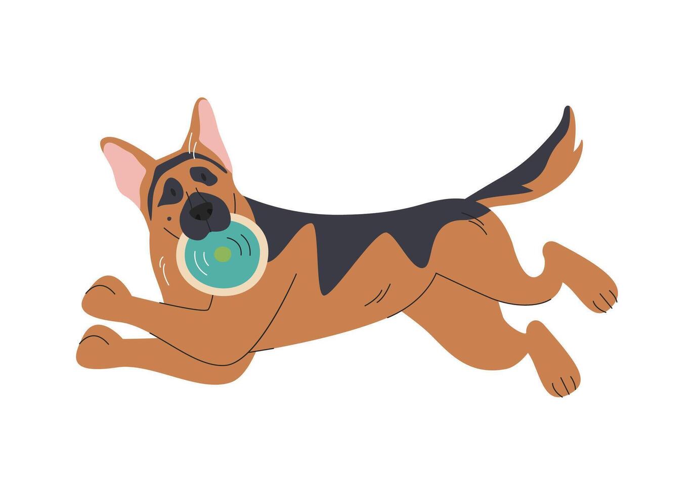 Playful german shepherd breed in jumping pose. Funny adult sheepdog running with frisbee disk toy. Cartoon canine domestic pet character. Doggy hand drawn flat illustration isolated on white vector