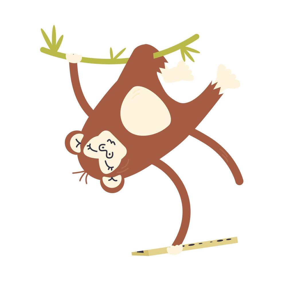 Ape having fun hanging on tree. Monkey baby holding musical instrument. Little champ handing on vine and keeping flute. Personage design. Nursery animal character hand drawn flat illustration vector