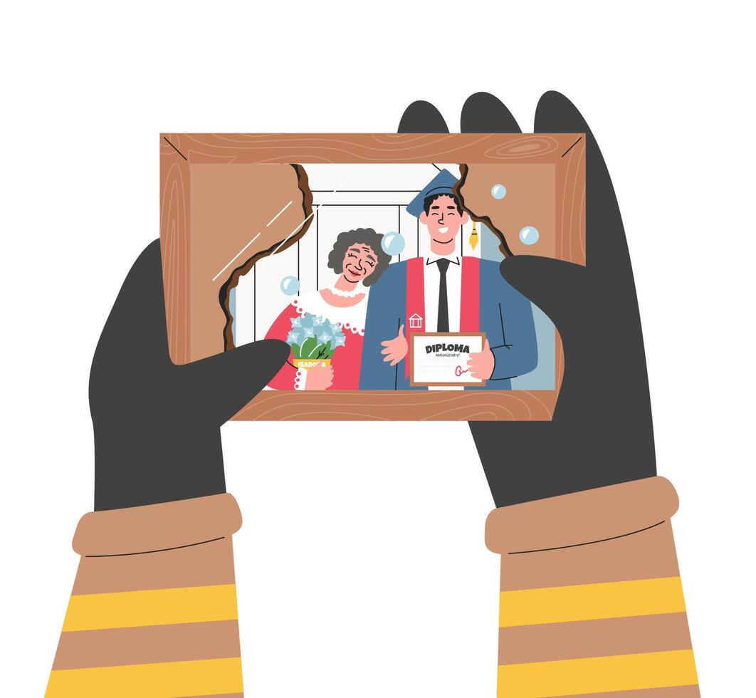 Fireman hands holding burnt family photo and cry. Firefighter seeing pic from his graduation ceremony with grandmother. Character lost his grandma in fire accident. Hand drawn flat illustration vector
