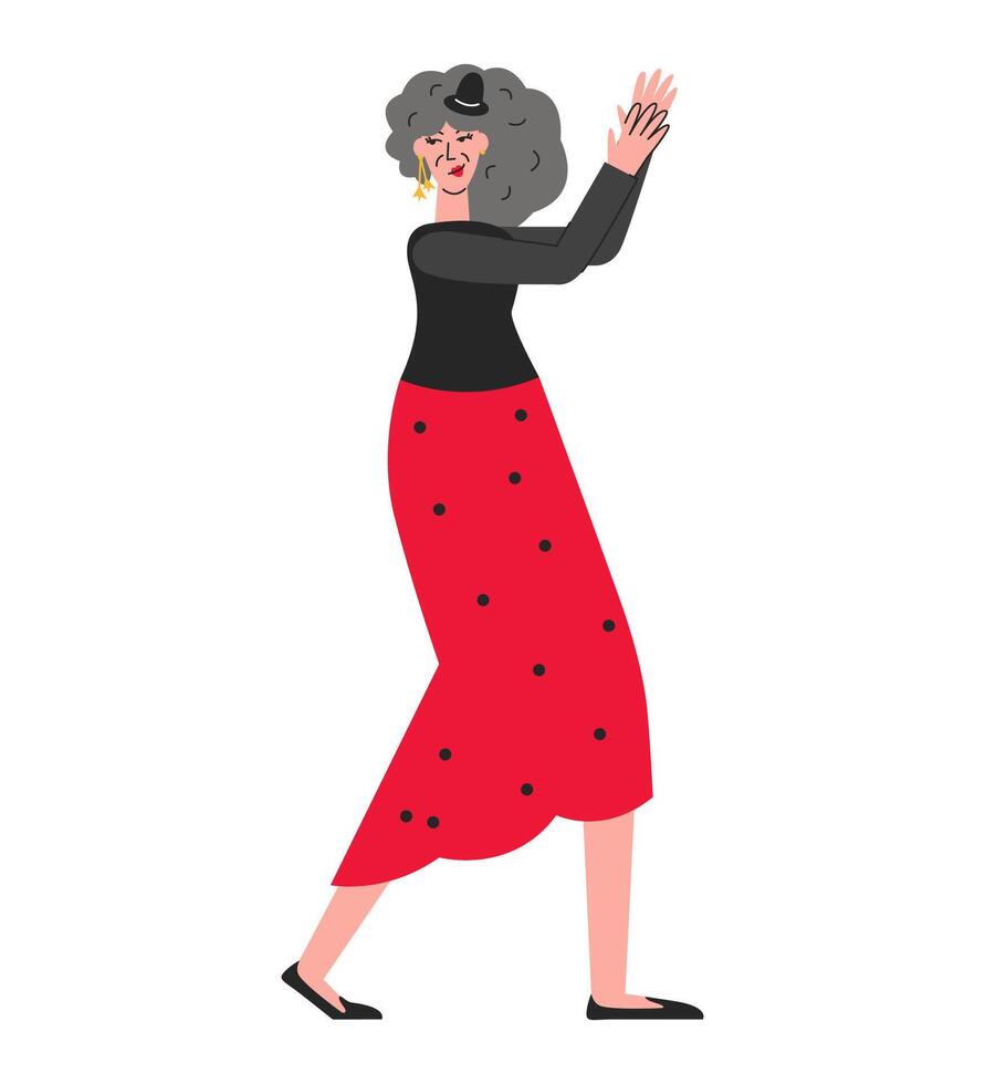 Third-aged woman have fun in dance class. Pensioner living active. Nice old female personage dancing flamenco with palm clap gesture. Elegant elderly character hand drawn flat illustration vector