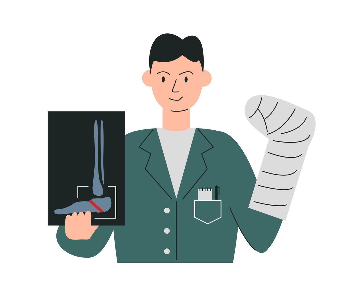 Doctor traumatologist estimating medical exams. Male character in surgical gown holding leg plaster. Man in uniform studying patient x-ray photo. Medic orthopedist hand drawn flat illustration vector