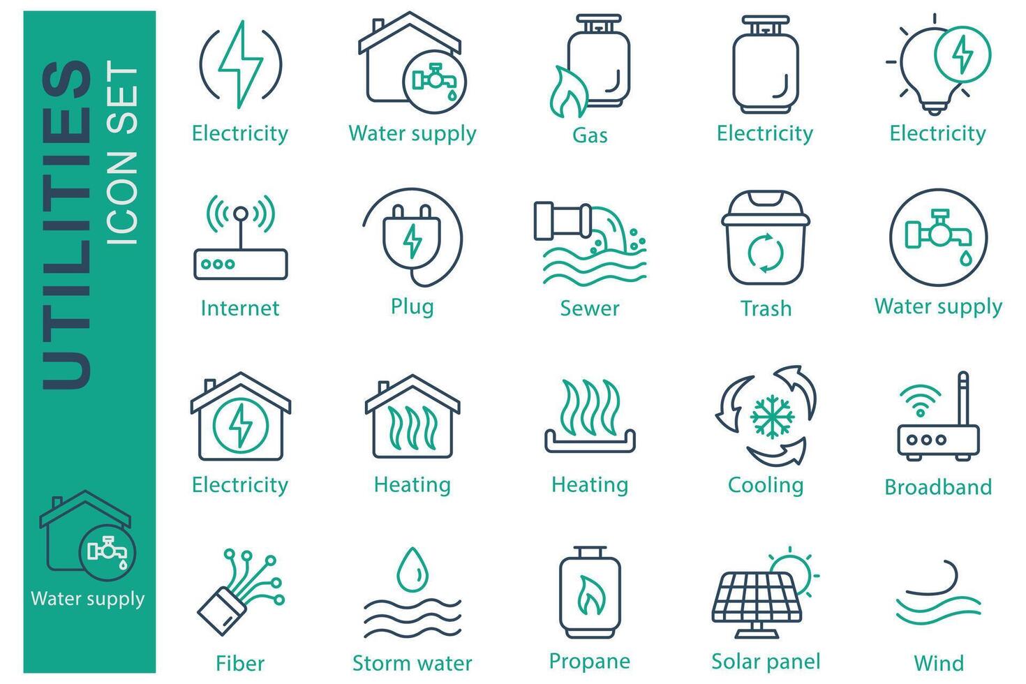 Utilities icon set. Electricity, Water supply, Propane, and more. line icon style. utilities element illustration vector