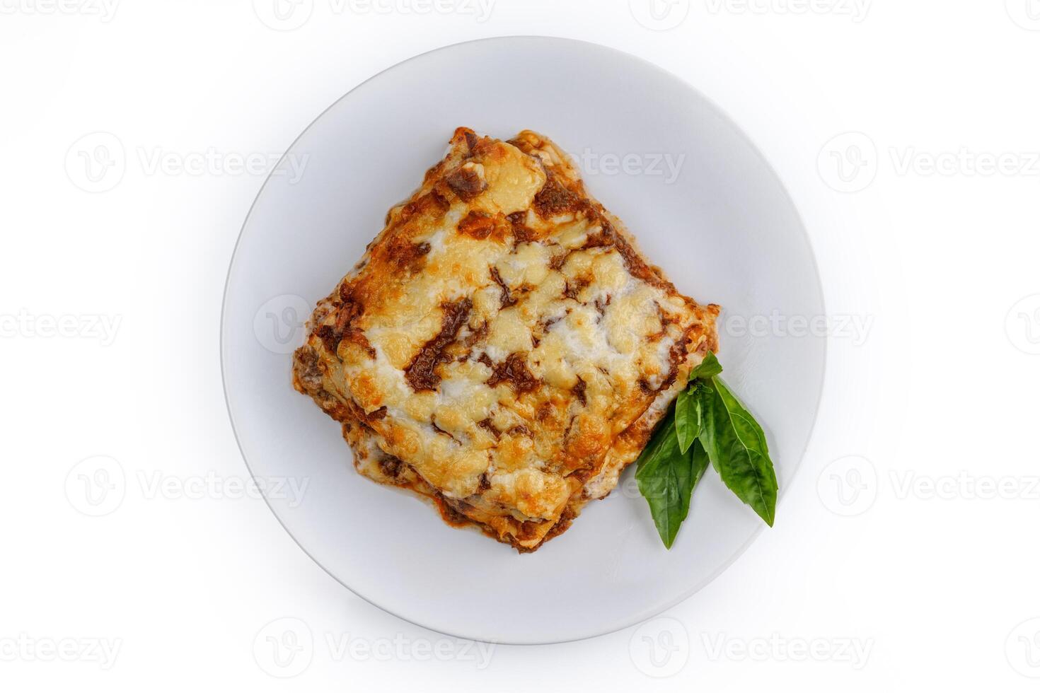slice of lasagna with melted cheese on top and minced meat filling close-up isolated on white background with shadow 2 photo