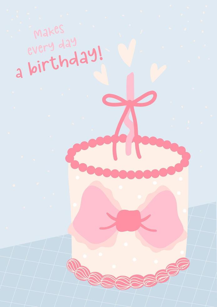 Retro Birthday Cake Illustration Groovy Coquette Design with Pink Bows, Happy birthday card idea. vector