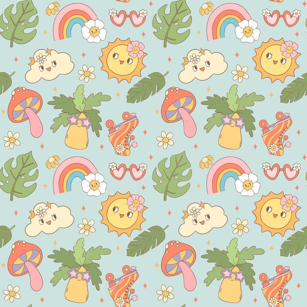 Retro Summer Seamless Pattern Playful Groovy and Colorful Repeat background Design vector
