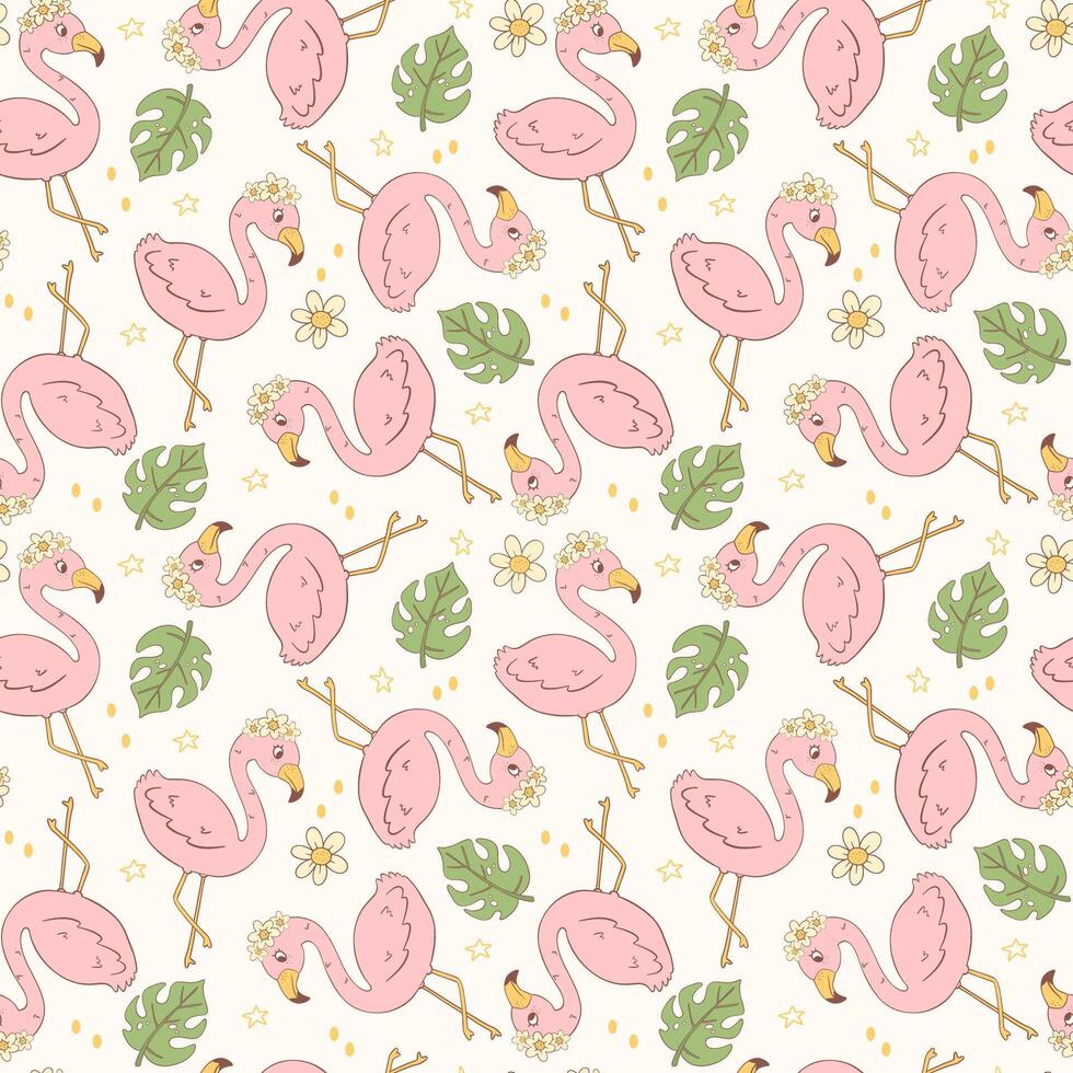 Retro Flamingo Summer Seamless Pattern Playful Groovy Repeat background Design vector
