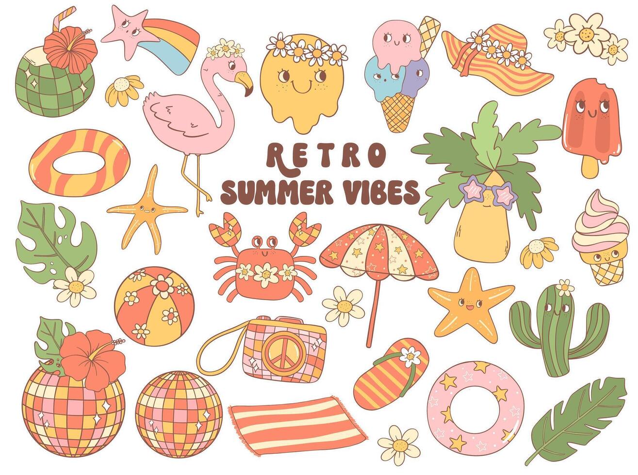 Retro Groovy Summer Vibes collection Cartoon Cute Character Disco 70s 80s Style vector