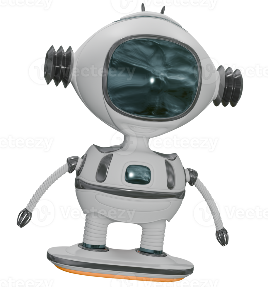 3D robot flying on jet board white png