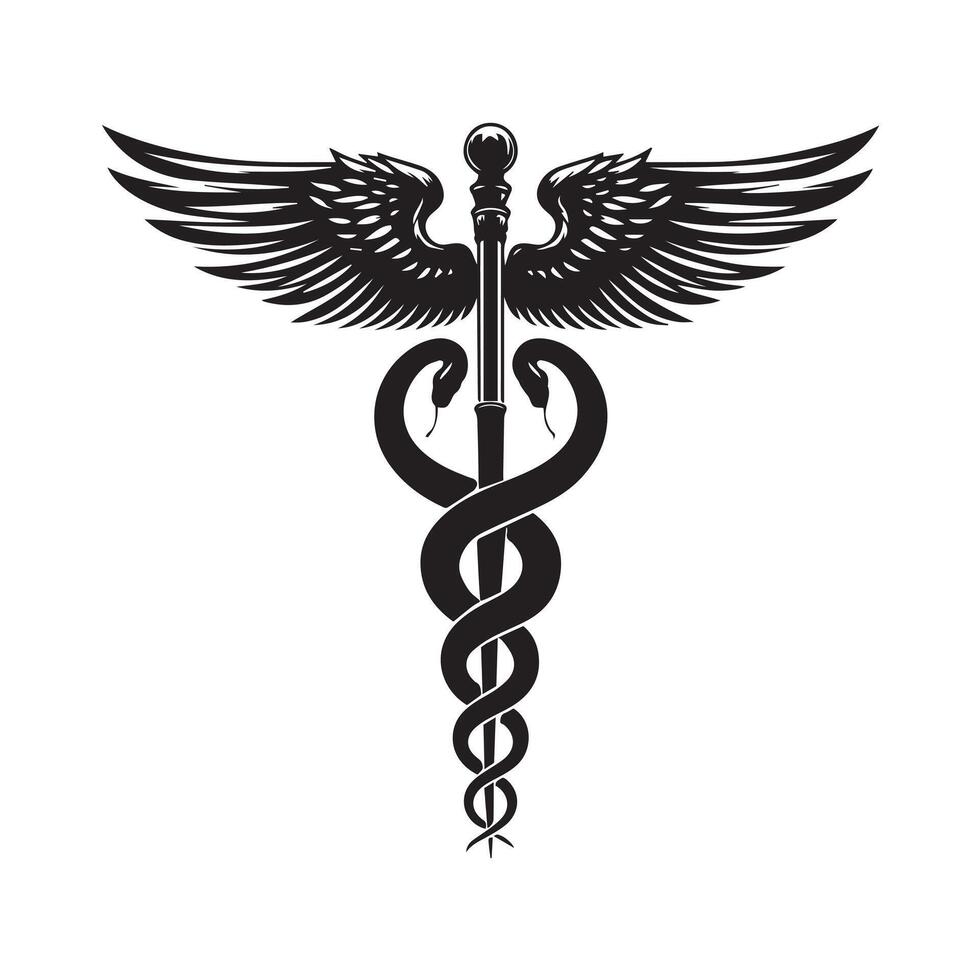 Caduceus and Staff of Hermes Illustration in black and white vector
